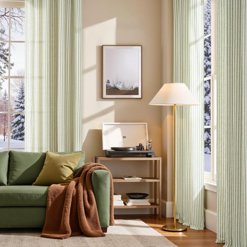jinchan Linen Curtains for Living Room Green on Beige Striped Curtains for Bedroom Ticking Stripe Pattern Light Filtering Farmhouse Cottage Core Rustic Grommet Window Treatment 2 Panels 96 inches - Image 3